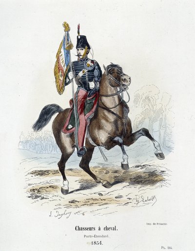 Jegere til hest: Porte - Standard i 1854 - i "" Histoire de l'armmee"" av A. Barbier av French School