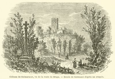 Chateau de Guimaraens, sett fra veien til Braga (gravering) av French School