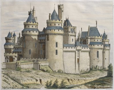 Chateau de Pierrefonds, illustrasjon fra Le Moniteur des architectes, gravert av Bosredon (fargegravering) av French School