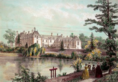 Chateau de la Loire: Utsikt over Chateau de la Seilleraye i Carquefou (Loire Atlantique). Trykk fra 1800-tallets privatsamling av French School
