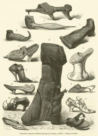 Sko utstilt på Historical Costume Museum, i 1874 (gravering) av French School