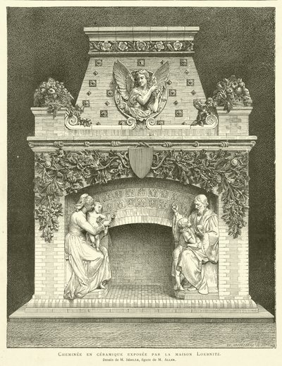 Keramisk peis utstilt av Loebnitz-huset, Tegning av M Sedille, figur av M Aller (gravering) av French School
