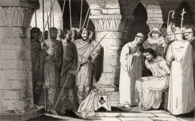 Childeric III (714-51) er detronisert og begrenset til et kloster, fra 'Histoire de France' av Colart, utgitt ca. 1840 av French School