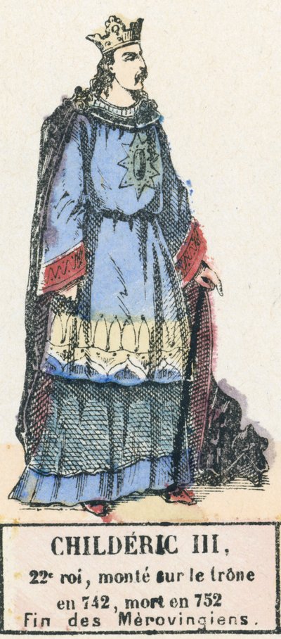 Childeric III, 22. konge, besteg tronen i 742, døde i 752, End of the Merovingians (farget gravering) av French School