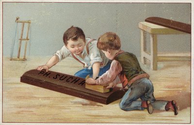 Barn konstruerer en stor sjokoladebar i tre, og reklamerer for Suchard-sjokolade av French School