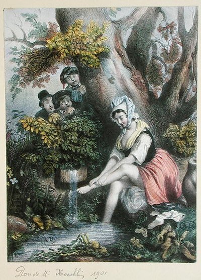 Barn som spionerer på en ung jente som vasker føttene i en bekk. c. 1840 (farge litho) av French School