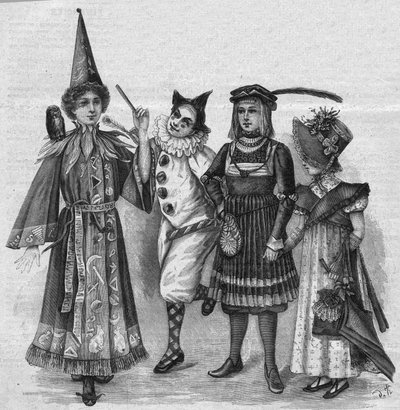 Barneklær: heksekostymer, klovn, page og «Empire». Gravering i «La gazette du dimanche»» av 23. januar 1896. av French School