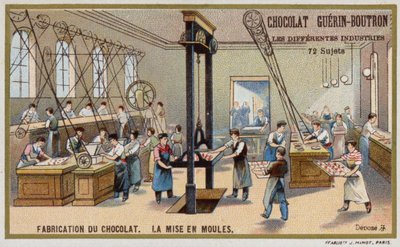 Sjokolade produksjon. Ha sjokolade i former (chromolitho) av French School