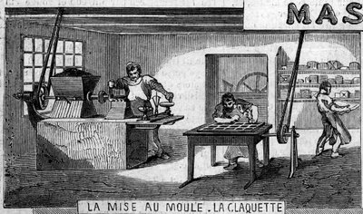 Sjokoladeproduksjon: veiing og form, trykk. Usine de M. Masson, Paris av French School