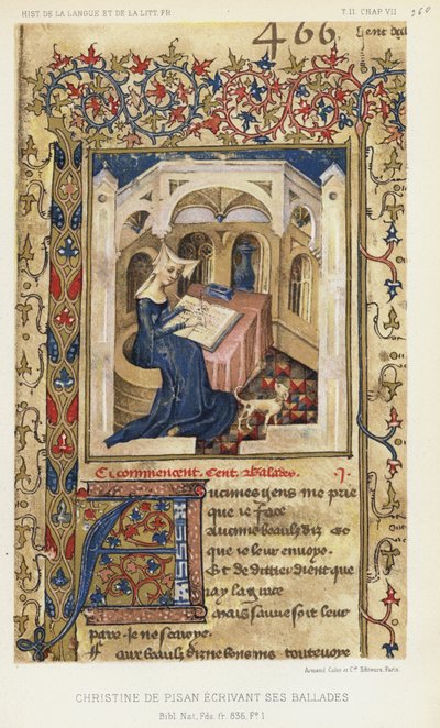 Christine De Pisan skriver sine ballader (fargelitografi) av French School
