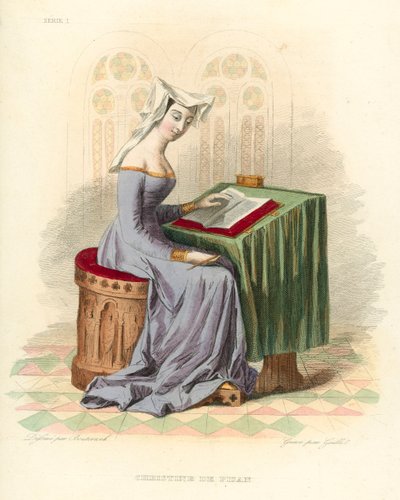 Christine de Pisan (farget gravering) av French School