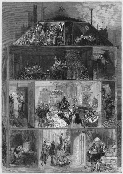 Julaften: tverrsnitt av en parisisk bygning som presenterer forskjellige måter å feire nyttårsaften på. Gravering i "" Le Monde Illustré"" nr. 810 av 19. oktober 1872. av French School