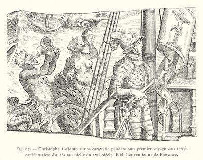 Christopher Columbus på karavellen sin under sin første reise til vestlige land; etter en niello fra 1500-tallet, Bibl Laurentienne de Florence (gravering) av French School