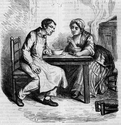 Christophe and the fat Sylvie: servants having breakfast. Engraving mid 19th century. Illustration for “The Father Goriot” by Honore de Balzac (1799-1850). av French School