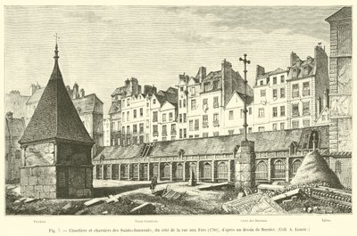 Kirkegård og massegraver til Saints-Innocents, på rue aux Fers-siden, 1780, etter en tegning av Bernier, Coll A Lenoir av French School
