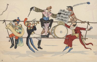 Sirkusscene, fra et sett med sammenkoblede postkort (fargelitho) av French School