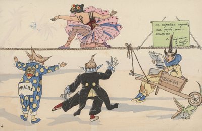 Sirkusscene, fra et sett med sammenkoblede postkort (fargelitho) av French School