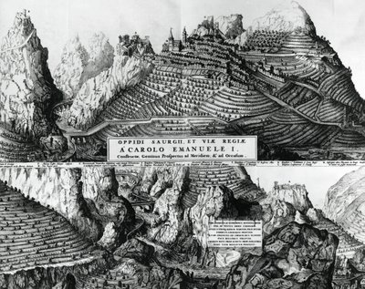 Byen Saorge, Frankrike, under Savoy-styre, gravering av French School