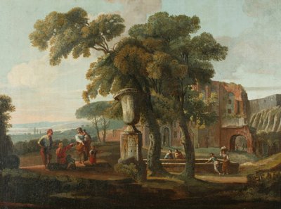 Klassisk landskap med urne, ca. 1700 (olje på lerret) av French School
