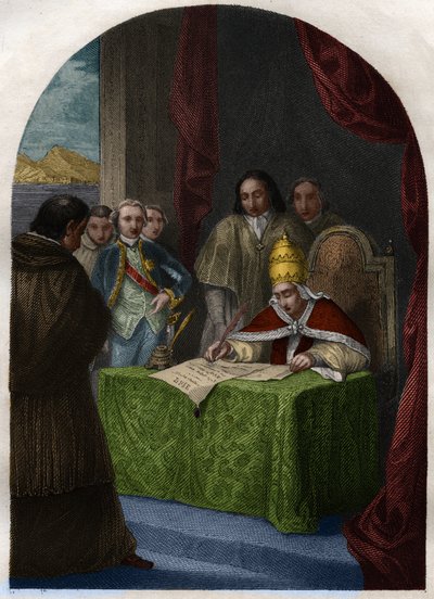 Clement XIV (Clemente or Clemens) (1705-1774) abolishing the Jesuites Society on 21 July 1773. Engraving from 1842 in “Histoire des popes: crimes, murders, poisonings, parricides, adulteres, incest... by Maurice Lachatre. Private collection. av French School