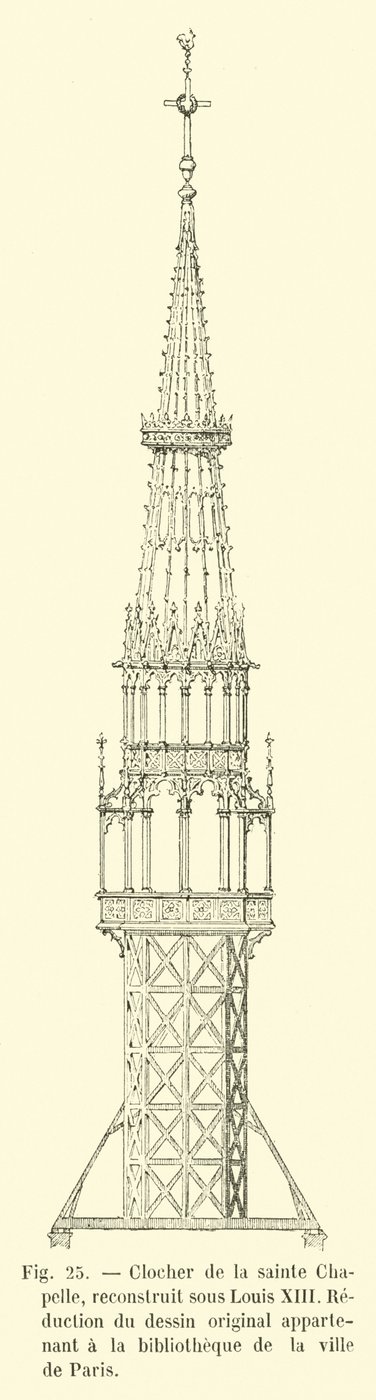 Klokketårnet i Sainte Chapelle, gjenoppbygd under Louis XIII, Reduksjon av den originale tegningen som tilhører biblioteket i byen Paris av French School