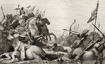 Clodion, The Hairy (ca. 428-47) trekker seg tilbake over broen etter hans nederlag av Aetius, fra 