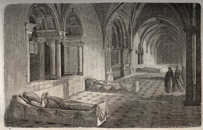 Cloister of Fontevrault med statuer av Henri II - Eleonore de Guyenne - gravering i "Histoire de France" av Victor Duruy (1811-1894) - 1882 av French School