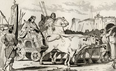 Clovis III (682-95) i en vogn trukket av okser, med Pepin II av Herstal (ca. 714) Riding Alongside Him, fra 