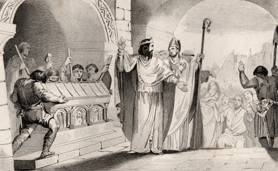 Clovis II (635-57) Selger sølv og gull fra helligdommen for å mate de fattige, fra 'Histoire de France' av Colart, utgitt ca. 1840 av French School