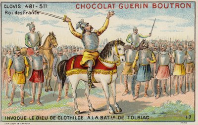 Clovis I som påkaller Clotilde-guden i slaget ved Tolbiac, 496 (chromolitho) av French School