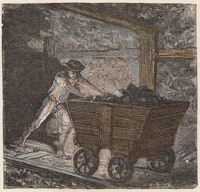 Kullgruvedrift (farget gravering) av French School