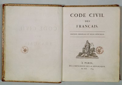 Code Civil, åpen på tittelsiden, 1804 av French School
