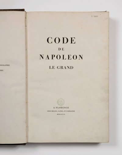 Code of Napoleon the Great, åpen på tittelsiden, utgitt Firenze, Molini, Landi et Cie, 1809 av French School