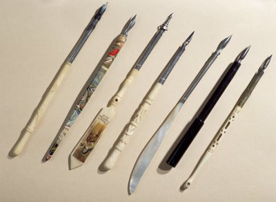 Samling av penneholdere, tidlig på 1900-tallet (elfenben, perlemor og tre) av French School