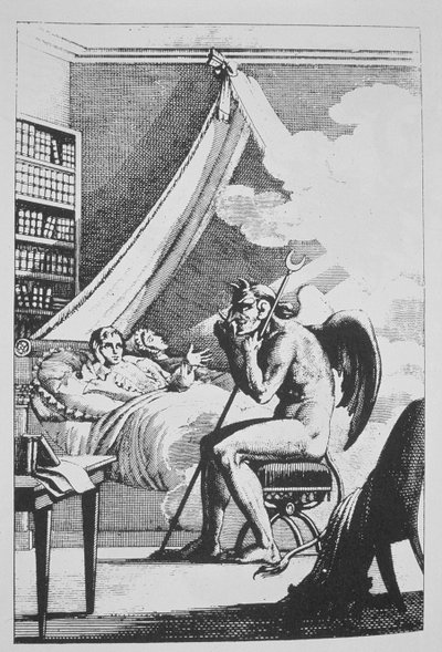 Collin de Plancy (1793-1887) i samtale med djevelen, fra Le Diable Peint par Lui-meme (1825) illustrert i en magisk historie publisert sent på 1800-tallet av French School