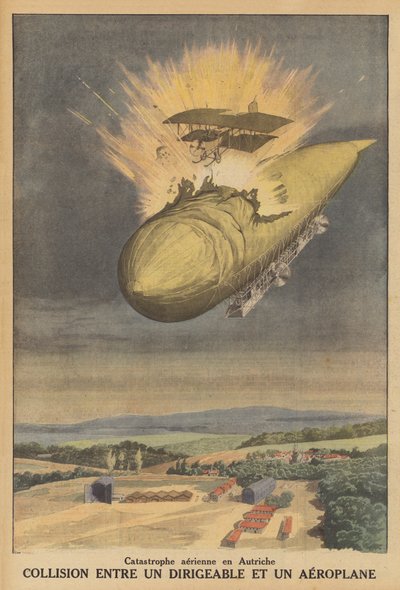 Kollisjon mellom et luftskip og et fly i Østerrike (farge litho) av French School