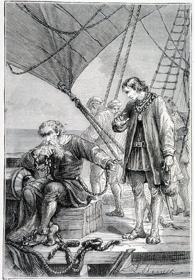 Columbus bundet som en skurk (på skipsdekk), syk. "" Discovery de la Terre"" av Jules Verne, red. Hetzel, n.d. 19. av French School