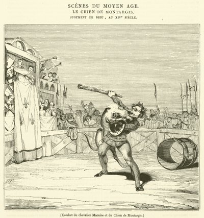 Battle of the Knight Macaire and the Dog of Montargis (gravering) av French School
