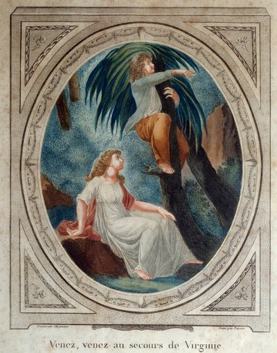 Kom igjen, hjelp Virginia. Illustrasjon til romanen "Paul and Virginie" av Bernardin de Saint Pierre (1737-1814). Gravering fra 1790. La Rochelle, New World Museum av French School
