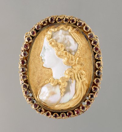 Commesso-portrett av Prudentia, 1550-60 (gull, perlemor, emalje og rubin) av French School