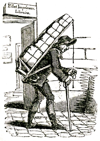 Kommisjonær (kurér) på 1800-tallet forlot bokhandleren Pillet i Paris, bærende på en last med bøker av French School