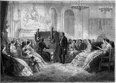Concert of “piano electromotor orchestra”, by its inventor J.B. Schalkenbach, in the presence of Napoleon III and Impress Eugenie de Montijo. Palais de Saint Cloud av French School
