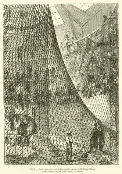 Lage nettet til den fangede dampballongen til M Henri Giffard, Corderie centrale til MM Fretet et Ce, i Vincennes (gravering) av French School