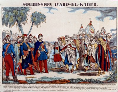 Erobringen av Algerie (1830-1847): underkastelse av Abd el Kader (Abd-el-Kader eller ibn Muhyi al-Din al-Hasani) (1807-1883) til hertugen av Aumale og den franske hæren 24/01 /1848. Gravering av privatsamlingen på slutten av 1800-tallet av French School
