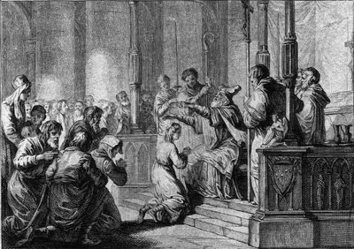 Innvielse av Saint Genevieve, rundt 430: Saint Germain, eveque of Auxerre av French School