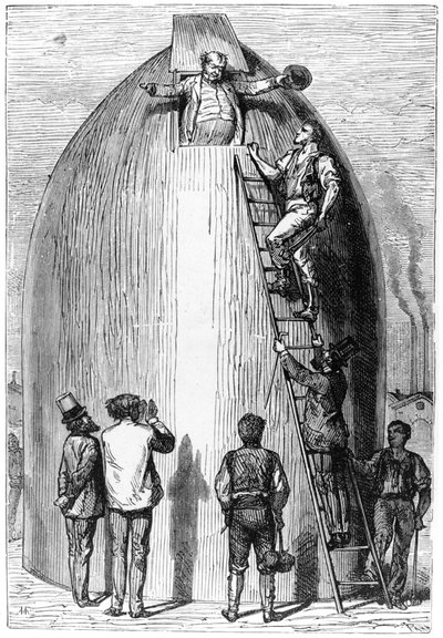 Konstruksjon av en rakett, illustrasjon fra Fra jorden til månen av Jules Verne (1828-1905) Paris, Hetzel, utgitt i 1865 av French School