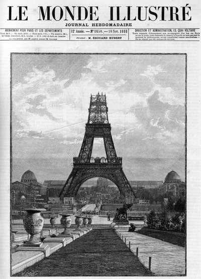 Bygging av Eiffeltårnet (176 meter) i 1888 i Paris. av French School