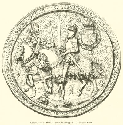 Motsegl av Mary Tudor og Philip II (gravering) av French School