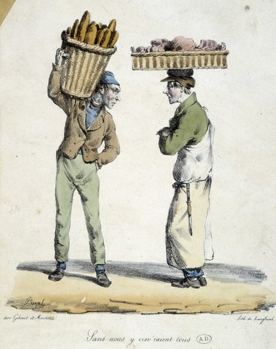 Samtale mellom en baker og en delikatesseforretning: «Uten oss ville vi alle dø! "". Gravering fra 1800-tallet. av French School