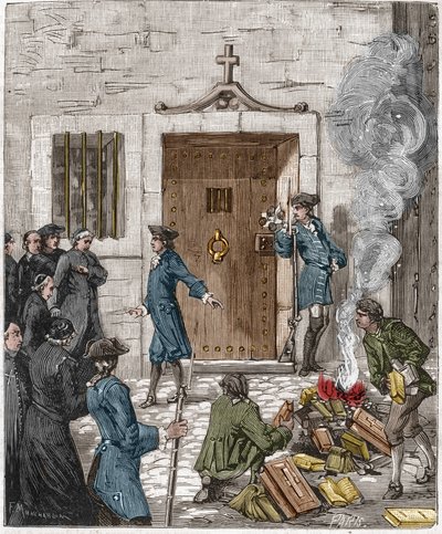 Domfellelse av Societe des Jesuites etter avgjørelsen fra Parlement de Paris av 6. august 1762. Retten beordret at mer enn 24 bøker og bøker laget av jesuitene skulle brennes av bøddelen. Gravering fra 1800-tallet. av French School